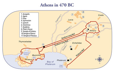Map of ancient Athens with the major sites and the long Walls
