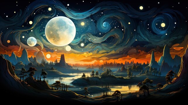 Earth Moon Stars On Blue Dark, Background Banner HD, Illustrations , Cartoon style