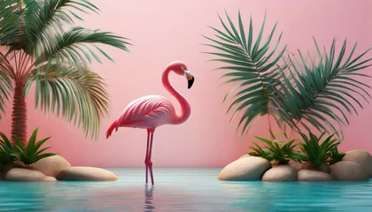 Zelfklevend Fotobehang pink flamingo and palm tree on pink summer background 3d rendering 3d illustration © Tomas