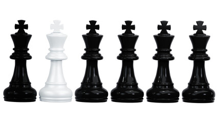 3D rendering of a white king chess piece in  black king chess on a white background, distinction as a leader, leadership, teamwork, management concept
