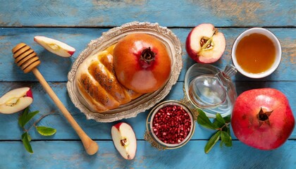 jewish holidays rosh hashanah or rosh hashana pomegranate apples honey and round challah on old...