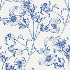 Toile art Floral vector vintage seamless pattern flowers of Clematis blue on a beige. Hand drawn background.Monochrome. Textiles, paper, wallpaper decoration - obrazy, fototapety, plakaty