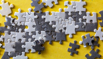 pieces of jigsaw puzzle on yellow background