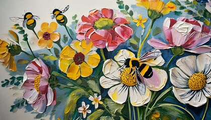 a painting of a bunch of flowers painted on a canvas with acrylic paint on the canvas and a bee on the flower stem generative ai