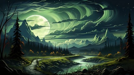 Glowing Green Northern Lights Aurora Borealis, Background Banner HD, Illustrations , Cartoon style