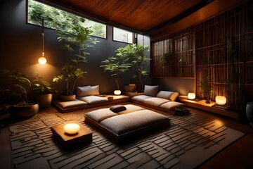 A tranquil meditation space with floor cushions, a small zen garden, and soft ambient lighting