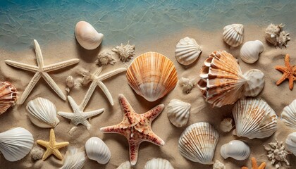 top view of a sandy beach with exotic seashells and starfish as natural textured background for aesthetic summer design