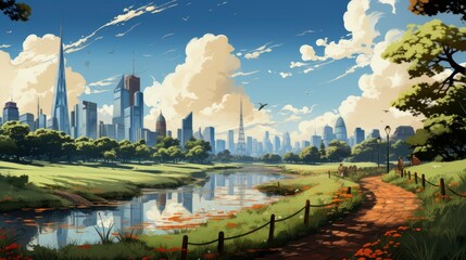 Green Space Lujiazui Central Shanghai China, Background Banner HD, Illustrations , Cartoon style