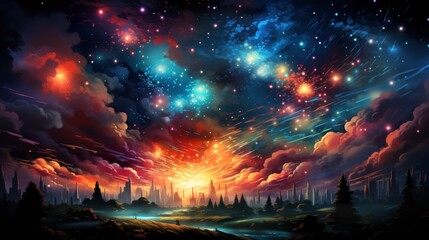Fototapeta premium Happy Holiday Fireworks Night Sky Your, Background Banner HD, Illustrations , Cartoon style