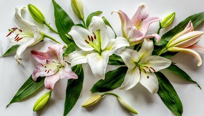 beautiful lilies on white background top view