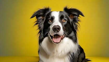 black and white border collie dog on yellow background