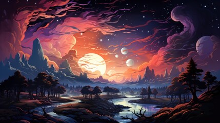 Landscape Milky Way Galaxy Night Sky, Background Banner HD, Illustrations , Cartoon style
