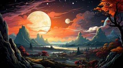 Foto op Plexiglas Landscape Saturn Planet Sky Stars Fantasy, Background Banner HD, Illustrations , Cartoon style © Alex Cuong