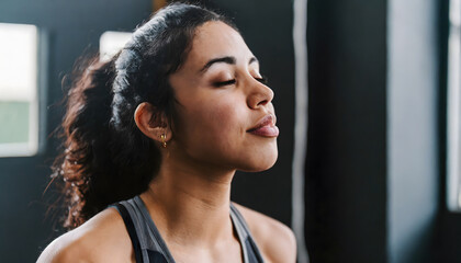 brunette girl with closed eyes meditating in a yoga training - Powered by Adobe