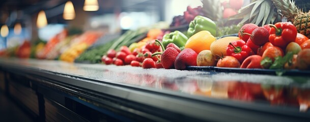 A vibrant display of fresh fruits and vegetables in a modern grocery store, highlighting the variety and freshness available to customers. - obrazy, fototapety, plakaty