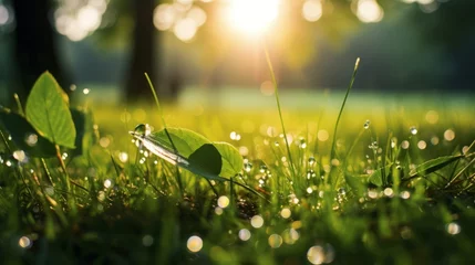 Photo sur Plexiglas Herbe Dew drops on grass, shallow depth of field Wet spring green grass background with dew lawn natural