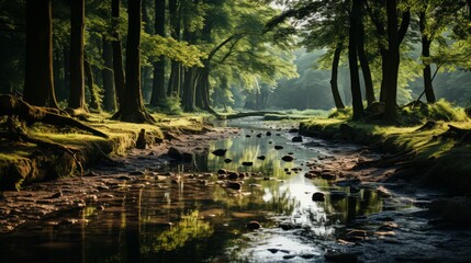 beautiful landscape morning sun light pond in forest fog and freshness tree Beautiful misty dawn in the spring on the river