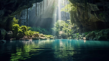 Paradise landscape of a beautiful lake in a cavern with sun rays. Travel and vacations concept background