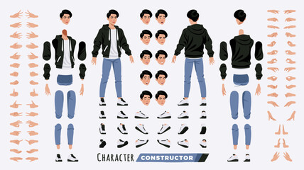 Asian guy, korean man, male character DIY constructor. Good-looking K-pop boy in cute hoodie, jeans casual outfit. Head, leg, hand gestures, different face emotions. Vector cartoon construction kit - obrazy, fototapety, plakaty