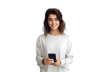 Fototapeta premium Young girl holding smartphone. Smiling. student clothes. white background PNG