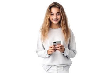 Fototapeta premium Young girl holding smartphone. Smiling. student clothes. white background PNG