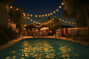 Evening party near the pool. AI generated - obrazy, fototapety, plakaty
