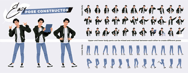 Asian guy, korean man, hoodie, jeans character easy pose constructor. Fashion industry male idol, good-looking K-pop model drag drop set, body match figure building. Vector cartoon construction kit - obrazy, fototapety, plakaty