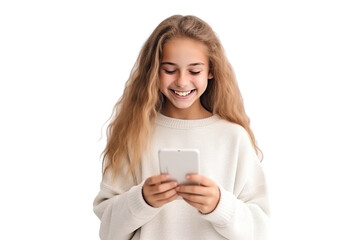 Young girl holding smartphone. Smiling. student clothes. white background PNG