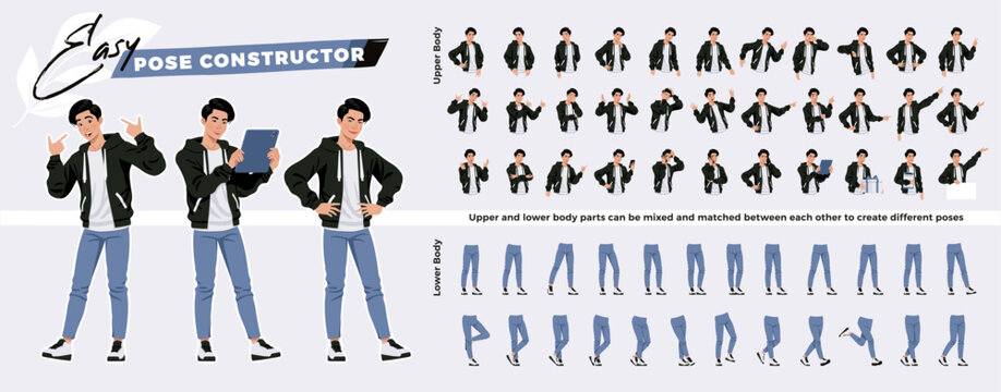 Asian guy, korean man, hoodie, jeans character easy pose constructor. Fashion industry male idol, good-looking K-pop model drag drop set, body match figure building. Vector cartoon construction kit
