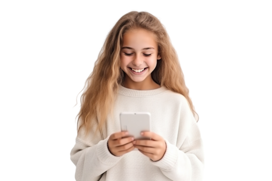 Young girl holding smartphone. Smiling. student clothes. white background PNG