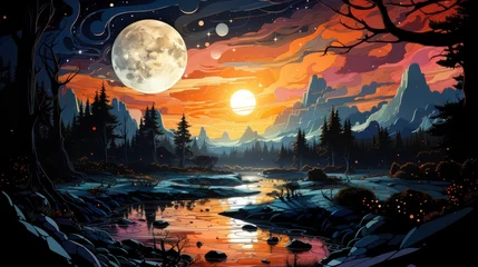 Foto op Canvas Milky Way Reservoir, Background Banner HD, Illustrations , Cartoon style © Alex Cuong