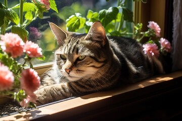 Happy cat lying at windowsill spring flowers sunny day cozy house, home plants, pet, summer mood, sun light, wooden window