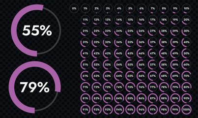 Set of percentage pie charts from 0 to 100 percent. Serves as an effective means of visually representing downloads or progress. - obrazy, fototapety, plakaty