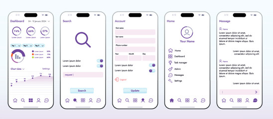 This image shows the concept of a mobile app for online services such as banking and shopping. Modern smartphone layout, easy to interact with various functions. - obrazy, fototapety, plakaty