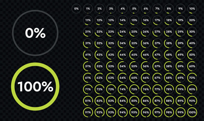 Set of percentage pie charts from 0 to 100 percent. Serves as an effective means of visually representing downloads or progress.