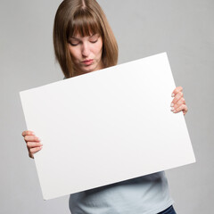 woman looks at an empty advertising board in her hands