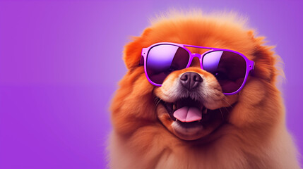 dog chow chow with purple sunglasses, fun portrait, purple background - obrazy, fototapety, plakaty