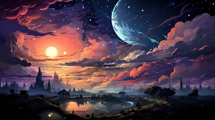 Foto op Canvas Night Sky Full Stars, Background Banner HD, Illustrations , Cartoon style © Alex Cuong