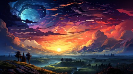 Night Sky Full Stars Sunrise, Background Banner HD, Illustrations , Cartoon style