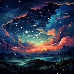 Night Sky Glowing Stars Background Backdrop, Background Banner HD, Illustrations , Cartoon style