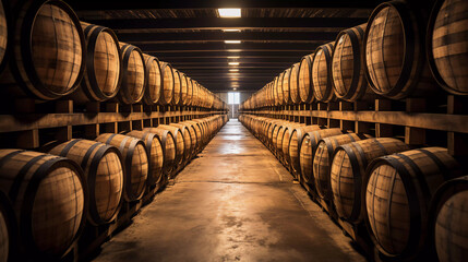 Whiskey bourbon scotch wine barrels in an aging facility  - obrazy, fototapety, plakaty