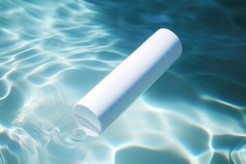 White blank cosmetic bottle tube mock up lies on the water surface