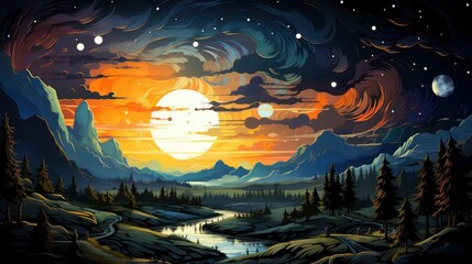 Fototapeta premium Night Starry Sky Taken Ukraine, Background Banner HD, Illustrations , Cartoon style