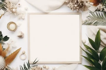 Fotobehang Minimal empty paper card mock up with dry leaves and wild flowers. © dashtik