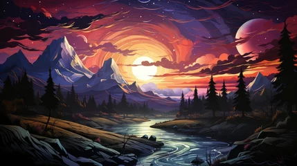 Gordijnen Northern Lights Over Snowy Mountains, Background Banner HD, Illustrations , Cartoon style © Alex Cuong