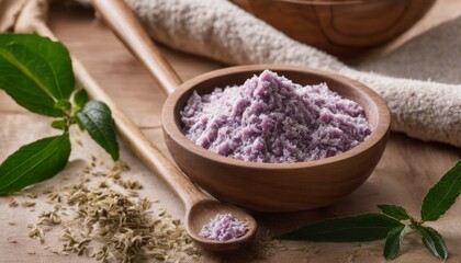 Obraz na płótnie Canvas A wooden bowl of purple powder with a spoon in it
