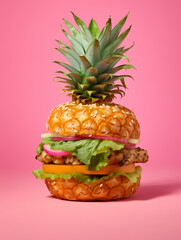 A pineapple shaped burger on a pink background, in the style of surreal still life compositions. Minimal food concept.