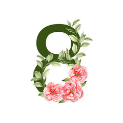 Watercolor hand drawn international women's day card template with pink peonies and green leves. 8 th of March clip art for poster, banner, invitation ,greeting card design