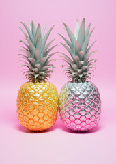 Couple of shiny disco pineapples against pink background. Creative New Year or party concept. Entertainment surreal idea	