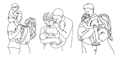 Fototapeta na wymiar Vector art line sketch family, father, mother and child.